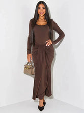 Long Sleeve Tie-Front Bodycon Maxi Dress Dark Brown / S
