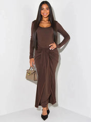 Long Sleeve Tie-Front Bodycon Maxi Dress Dark Brown / S