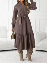 Long Sleeve Tie Waist Ruffle Hem Midi Dress Coffee Brown / S