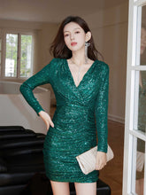 Long Sleeve V-Neck Sequin Ruched Mini Dress S / DarkGreen