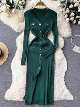 Long Sleeves Buttoned Down Knitted Sweater Dress MAX SIZE / Green