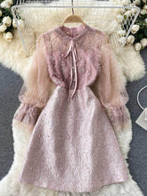 Long Sleeves Cottagecore Embroidered Pearl A-line Mesh Dress S / Pink