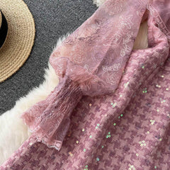 Long Sleeves Embroidered Ruched A-line Mesh Dress