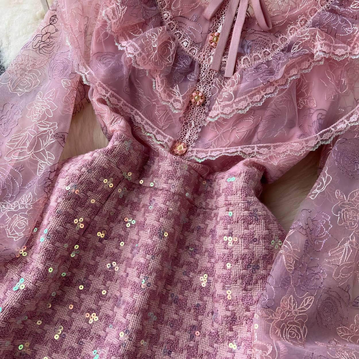 Long Sleeves Embroidered Ruched A-line Mesh Dress