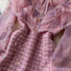 Long Sleeves Embroidered Ruched A-line Mesh Dress