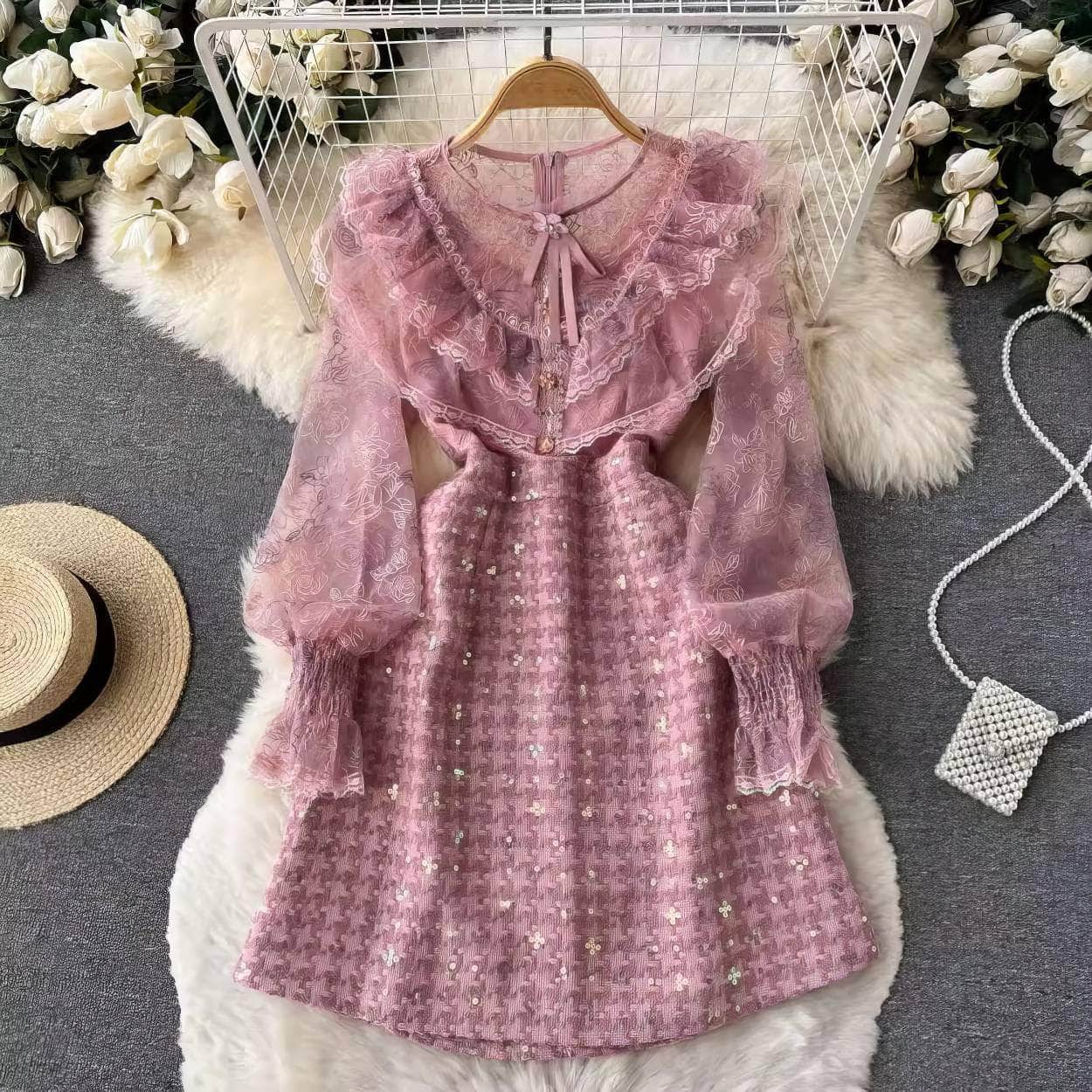 Long Sleeves Embroidered Ruched A-line Mesh Dress
