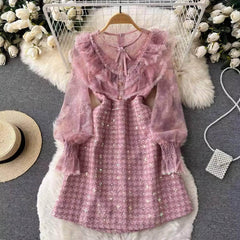 Long Sleeves Embroidered Ruched A-line Mesh Dress