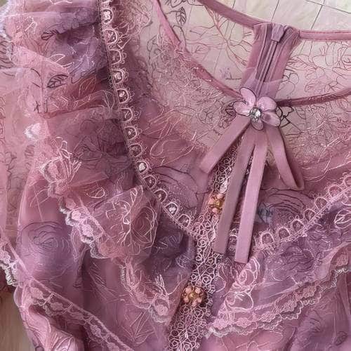 Long Sleeves Embroidered Ruched A-line Mesh Dress
