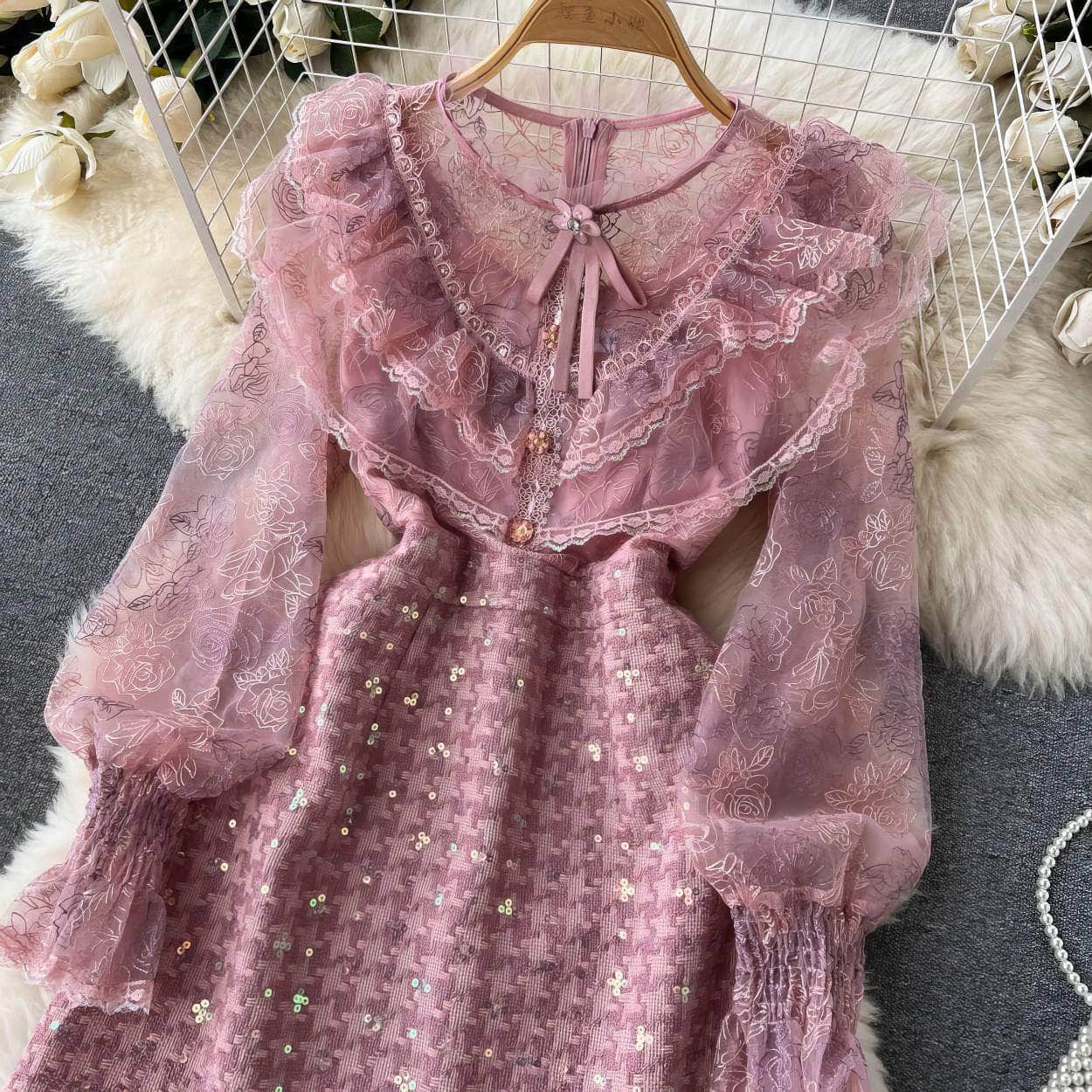 Long Sleeves Embroidered Ruched A-line Mesh Dress