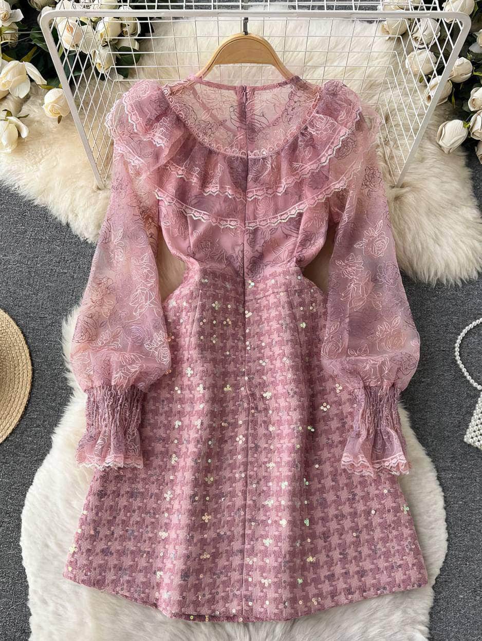 Long Sleeves Embroidered Ruched A-line Mesh Dress