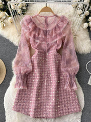 Long Sleeves Embroidered Ruched A-line Mesh Dress
