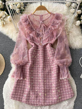 Long Sleeves Embroidered Ruched A-line Mesh Dress S / Pink
