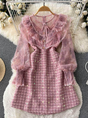 Long Sleeves Embroidered Ruched A-line Mesh Dress S / Pink