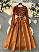 Long Sleeves Lace Maxi Pleated Dress S / Brown