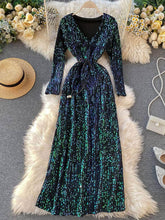 Long Sleeves Sequined Dinner Bling Dress MAX SIZE / Blue