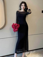 Long Sleeves Strappy Sheer Mermaid Dress S / Black