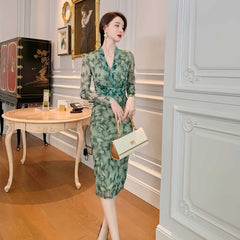 Longsleeve Wrapped Floral Midi Dress S / Green