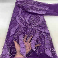 Luxurious African French Lace Beaded Detail Fabric K3J7P Purple