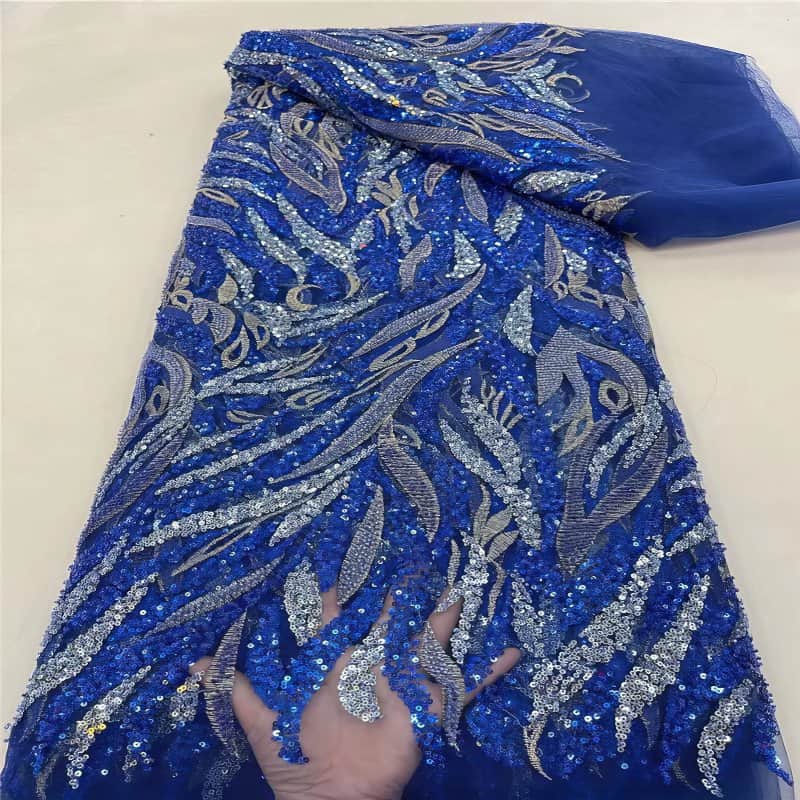 Luxurious African French Lace Sequin Detail Fabric X8VIT Blue / 5 Yards