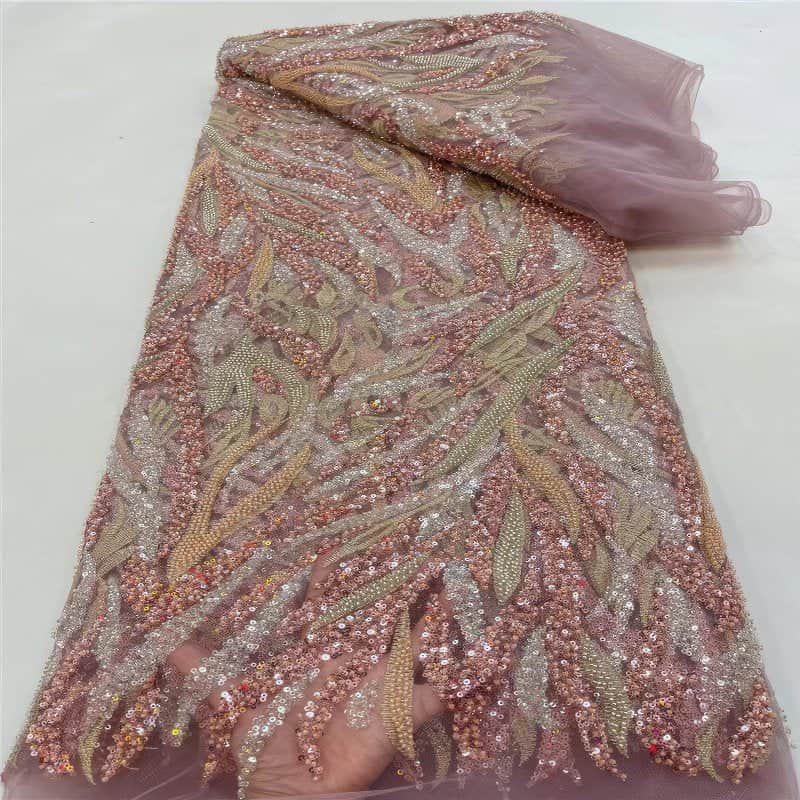 Luxurious African French Lace Sequin Detail Fabric X8VIT Pink / 5 Yards