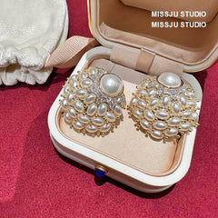 Luxurious Pearl Inlaid Paved Crystal Statement Deco Earrings Gold