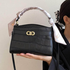 Luxurious Square Bag with Mini Crocodile Embossed Silk Scarf Black