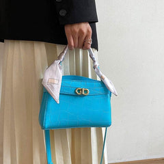 Luxurious Square Bag with Mini Crocodile Embossed Silk Scarf Blue