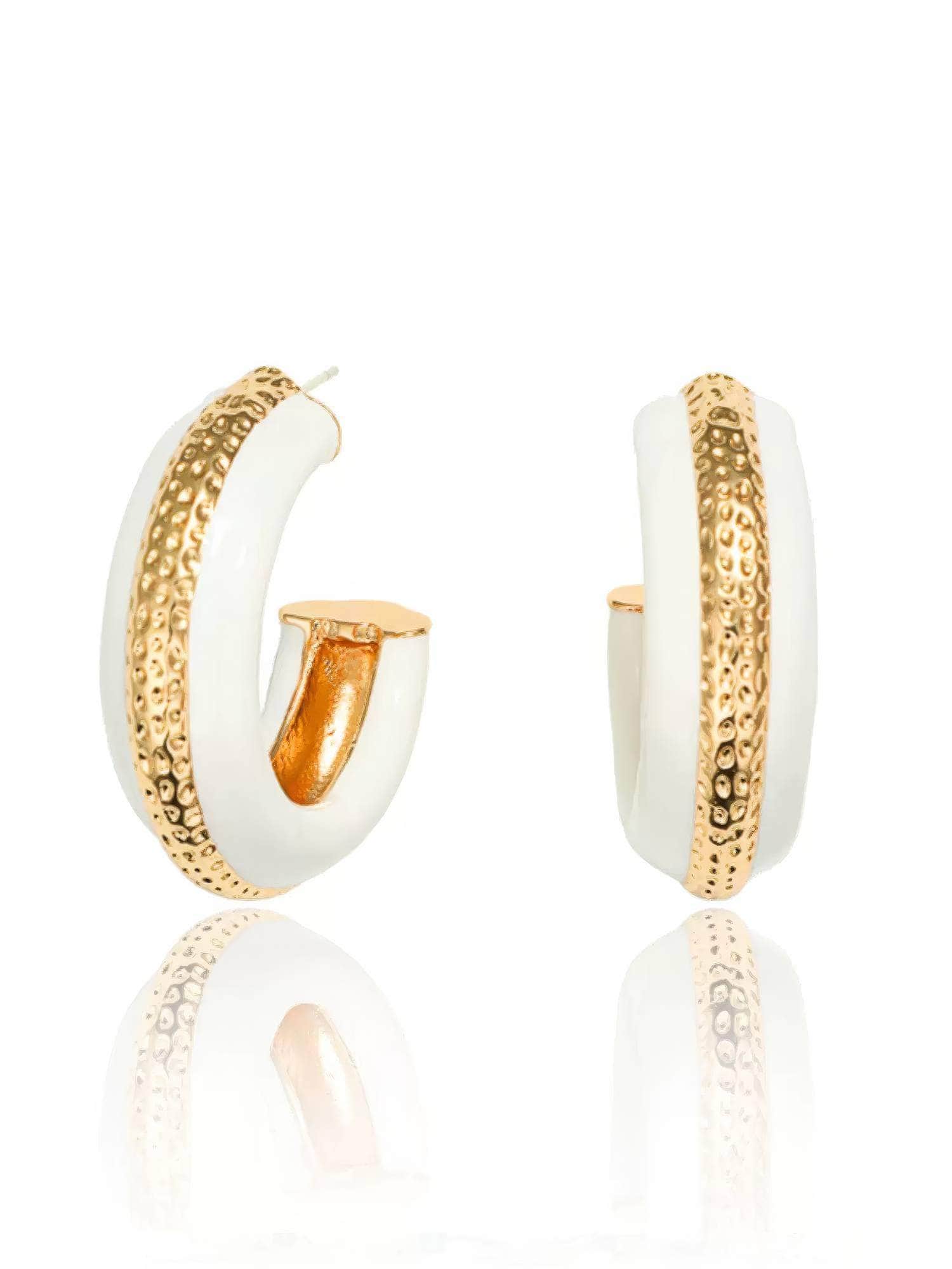 Luxury Enamel Gold Detailed Hoop Earrings White / Clip On