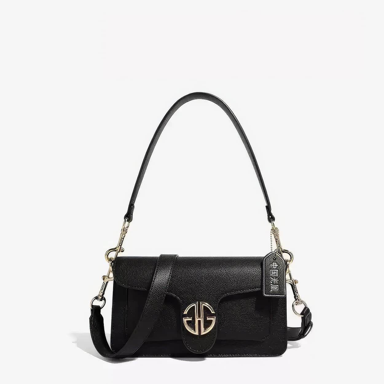 Luxury Leather Chain Shoulder Handbag with Gold Monogram Hardware Plain / Medium / Black