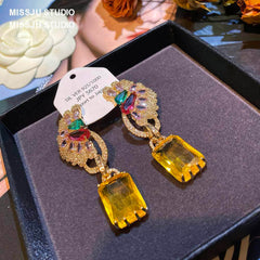 Luxury Multicolor Gemstone Crystal Yellow Gold Dangle Earrings Multicolor
