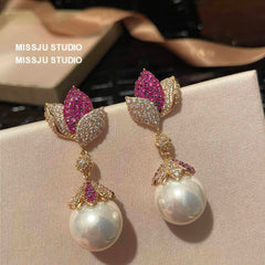 Luxury Paved Crystal Two-Toned Gemstone Pearl Drop Earrings MediumVioletRed