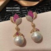 Luxury Paved Crystal Two-Toned Gemstone Pearl Drop Earrings MediumVioletRed