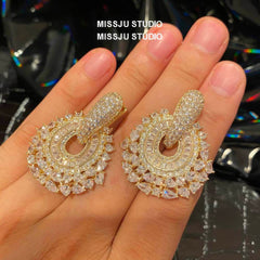Luxury Paved Crystals Sparkling Round Statement Earrings White