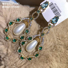 Luxury Pearl Chandelier Paved Crystal Earrings Green