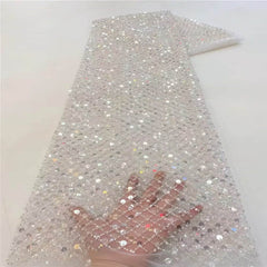 Luxury Sequins Lace French Net Embroidery Tulle Fabric-A1B2C White / 5 yards