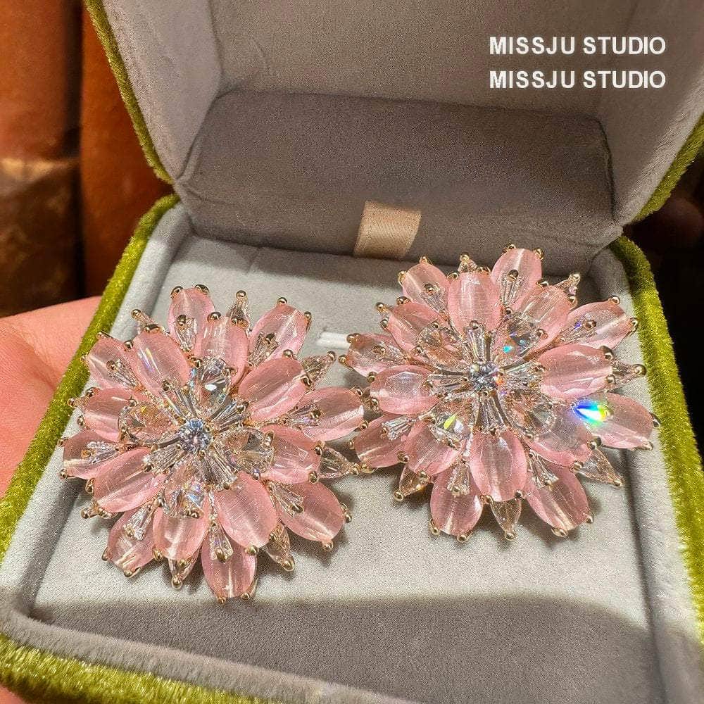 Luxury Statement Pink Crystal Spiked Flower Statement Earrings Pink