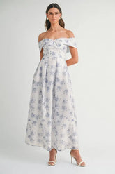 MABLE Floral Printed Off Shoulder Maxi Dress Blue / S