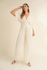 MABLE Fluffy Deep V Neck Wide Leg Jumpsuit