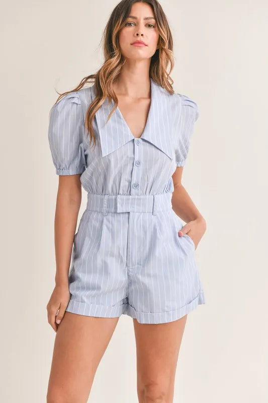 MABLE Striped Puff Sleeve Collared Neck Romper Lt Blue / S