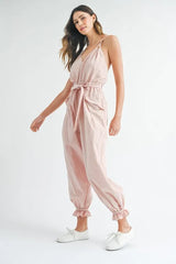 MABLE Washed Fabric Spaghetti Strap Waist Belted Jumpsuit