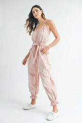 MABLE Washed Fabric Spaghetti Strap Waist Belted Jumpsuit