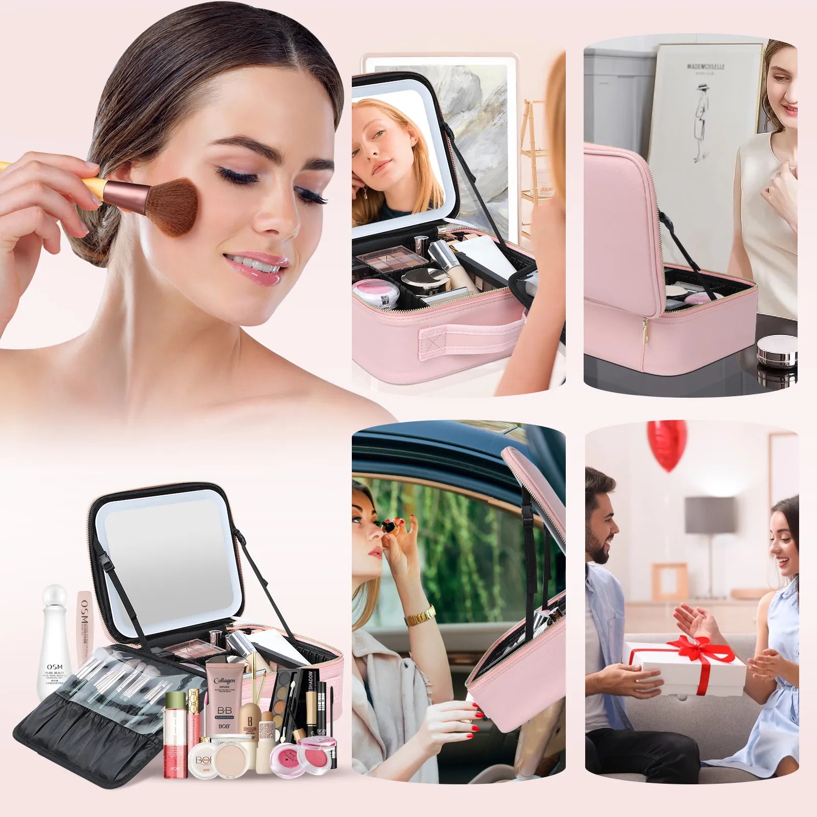 Makeup Train Case with Adjustable LED Mirror - Cosmetic Travel Case with Dividers for Lady