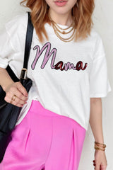 MAMA Sequin Round Neck Short Sleeve T-Shirt White / M