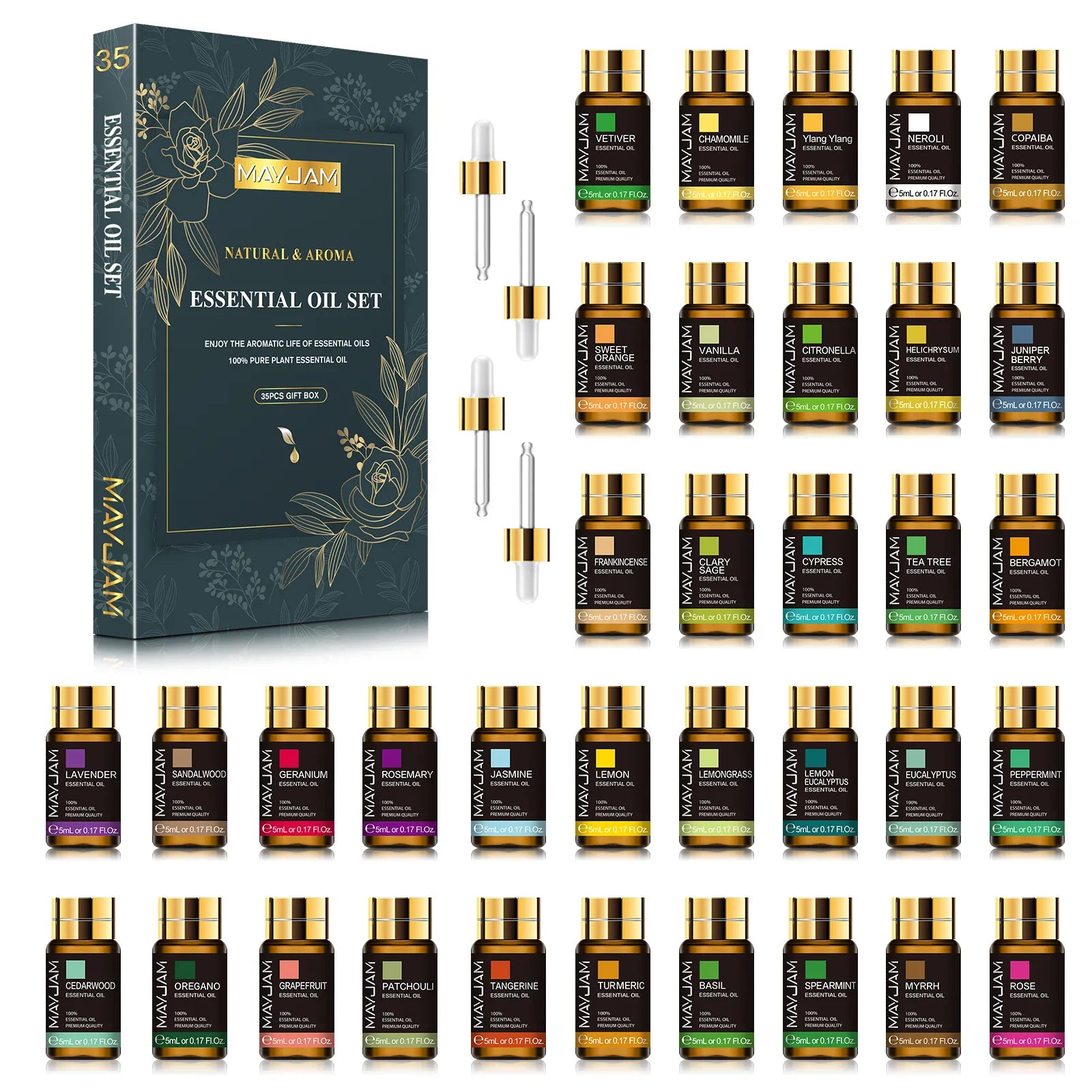 MAYJAM 35-Bottle Essential Oils Set for Humidifier: Lavender, Eucalyptus, Vanilla, Oregano, Neroli, Aroma Oil for DIY Making Candle 35pcs Essential Oils / 5ml / Poland