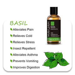 MAYJAM Essential Oils: 10ml, 30ml, 100ml for Humidifier Diffuser - Lavender, Jasmine, Eucalyptus, Ylang Ylang, Vanilla, Tea Tree Aroma Oil Basil Oil / 30ml / CHINA