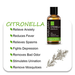 MAYJAM Essential Oils: 10ml, 30ml, 100ml for Humidifier Diffuser - Lavender, Jasmine, Eucalyptus, Ylang Ylang, Vanilla, Tea Tree Aroma Oil Citronella / 30ml / CHINA