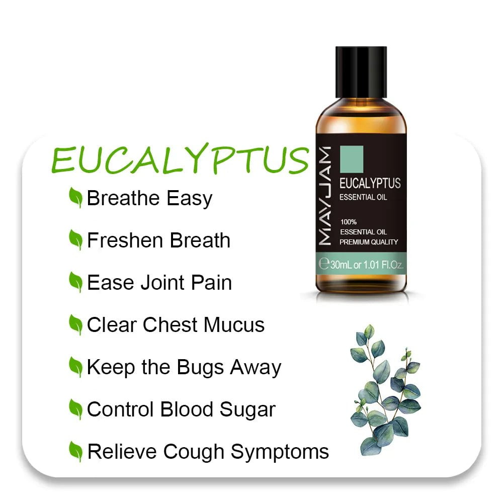 MAYJAM Essential Oils: 10ml, 30ml, 100ml for Humidifier Diffuser - Lavender, Jasmine, Eucalyptus, Ylang Ylang, Vanilla, Tea Tree Aroma Oil Eucalyptus Oil / 30ml / CHINA