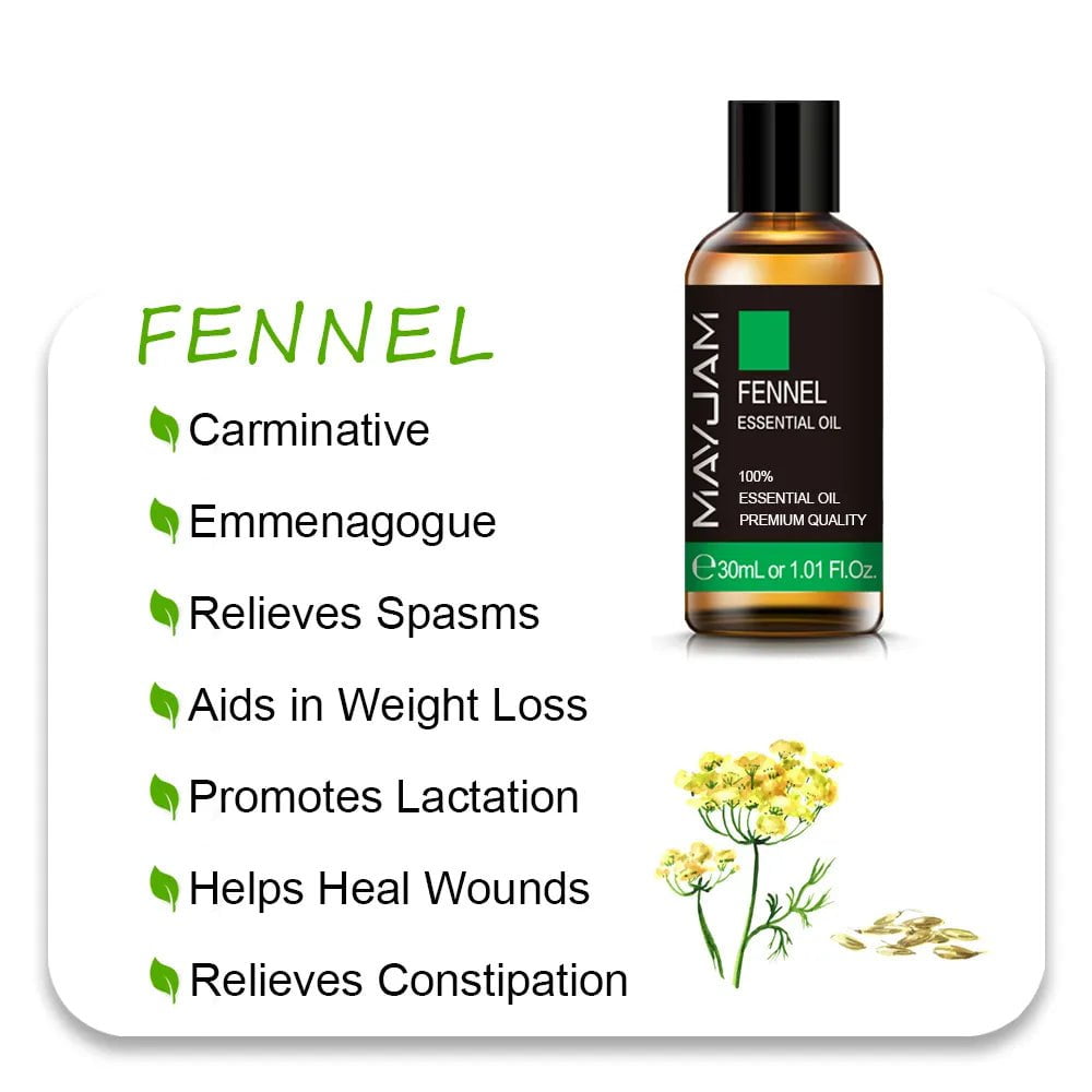 MAYJAM Essential Oils: 10ml, 30ml, 100ml for Humidifier Diffuser - Lavender, Jasmine, Eucalyptus, Ylang Ylang, Vanilla, Tea Tree Aroma Oil Fennel Oil / 30ml / CHINA