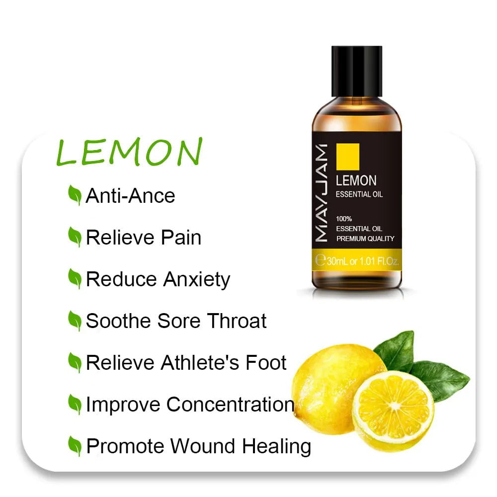 MAYJAM Essential Oils: 10ml, 30ml, 100ml for Humidifier Diffuser - Lavender, Jasmine, Eucalyptus, Ylang Ylang, Vanilla, Tea Tree Aroma Oil Lemon Oil / 30ml / CHINA