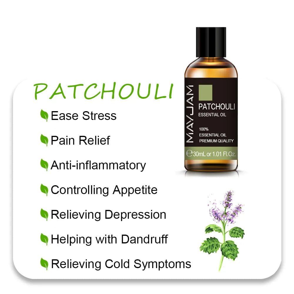 MAYJAM Essential Oils: 10ml, 30ml, 100ml for Humidifier Diffuser - Lavender, Jasmine, Eucalyptus, Ylang Ylang, Vanilla, Tea Tree Aroma Oil Patchouli Oil / 30ml / CHINA
